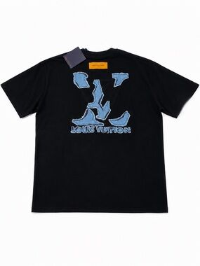 Louis Vuitton Black Tee with Distressed Blue Denim LV Logo